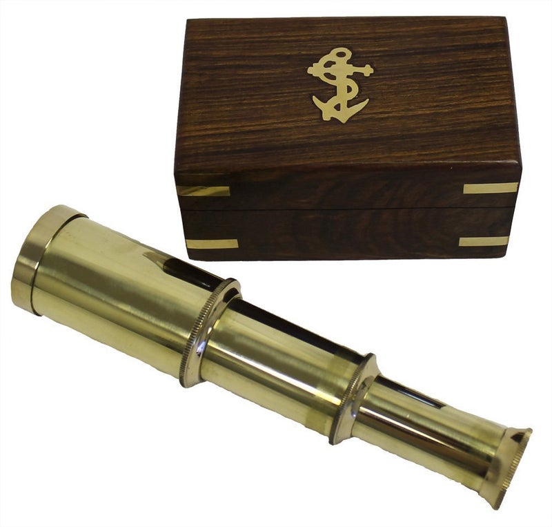 THOR INSTRUMENTS 6 Solid Brass Handheld Telescope - Nautical Pirate Spy Glass with Wood Box Rustic Vintage Home Decor Gifts - Image 1
